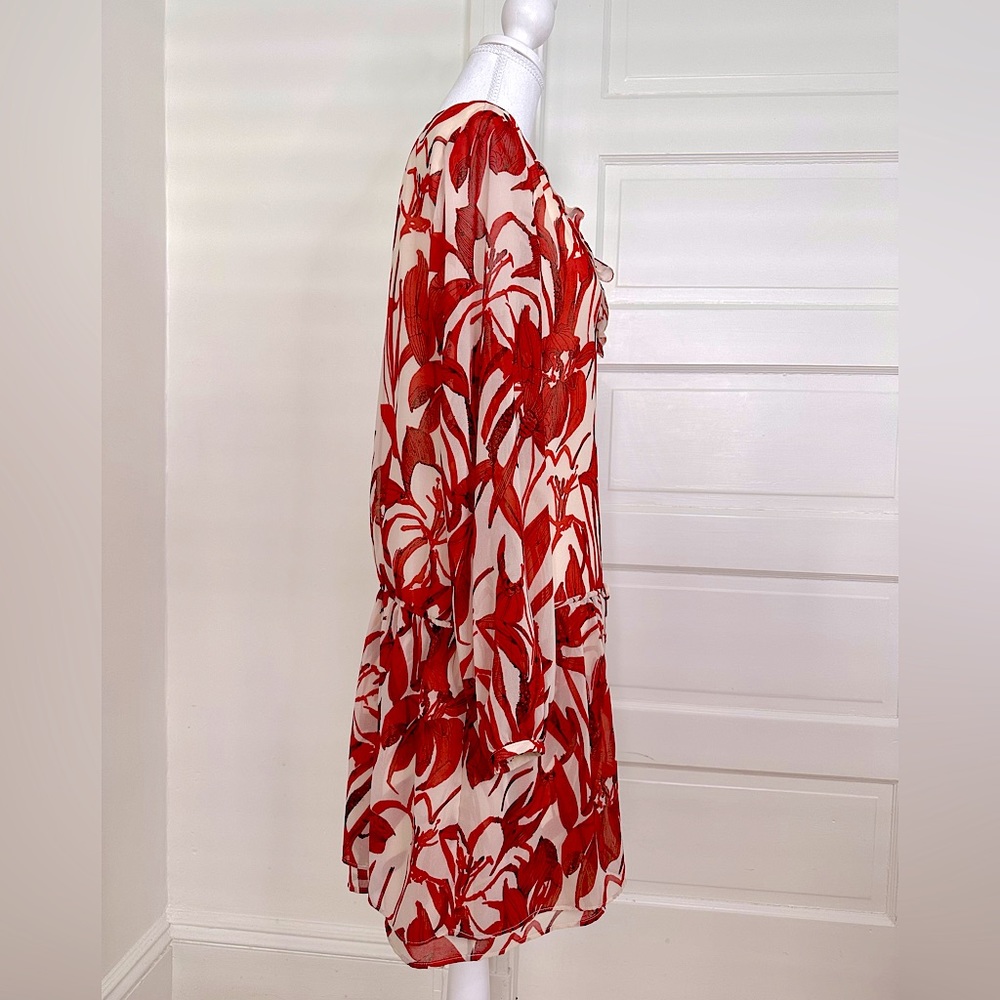 NWT Mango Suiting Red Floral V-Neck Sheer Long Sleeve Tunic Dress, Size 8 US - Picture 3 of 13